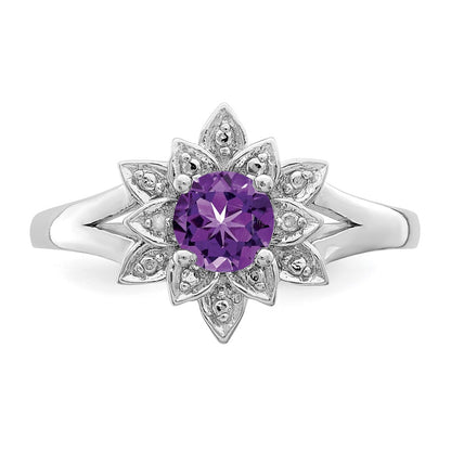 Sterling Silver Rhodium Plated Diamond & Amethyst Ring