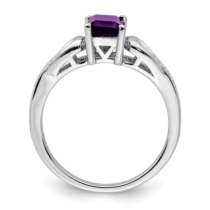 Sterling Silver Rhodium Plated Diamond & Amethyst Ring