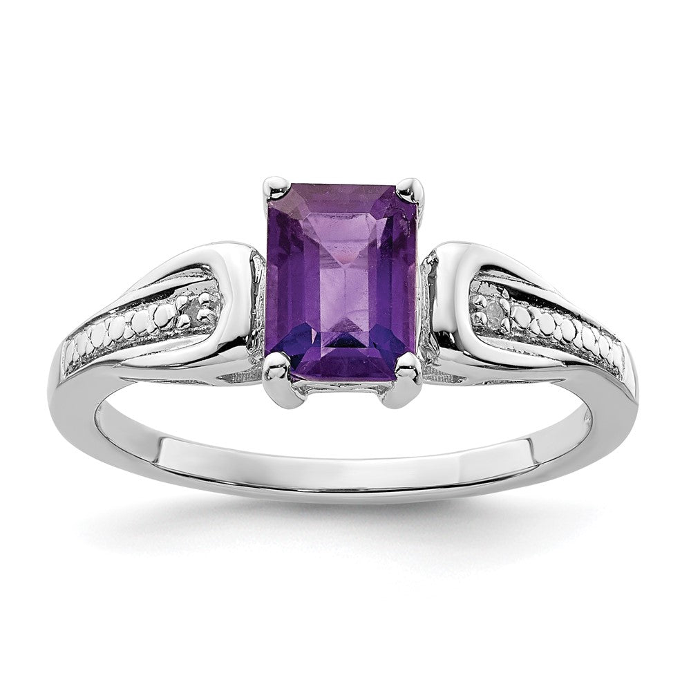 Sterling Silver Rhodium Plated Diamond & Amethyst Ring