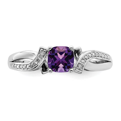 Sterling Silver Rhodium Plated Amethyst Diamond Ring