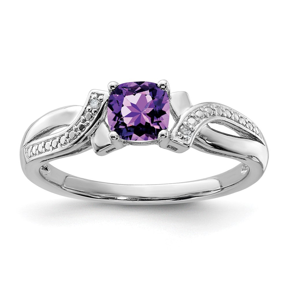 Sterling Silver Rhodium Plated Amethyst Diamond Ring