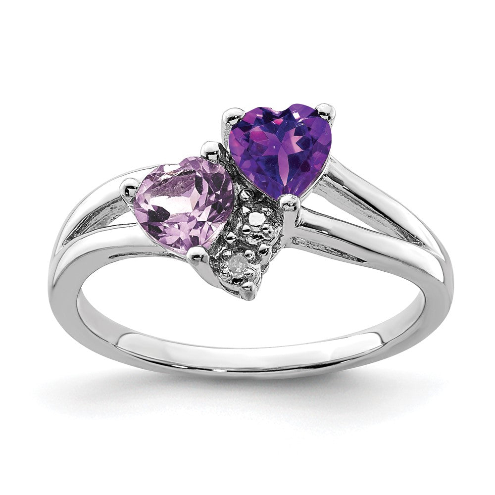 Sterling Silver Rhodium Plated Amethyst & Pink Quartz Diamond Ring