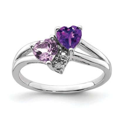 Sterling Silver Rhodium Plated Amethyst & Pink Quartz Diamond Ring