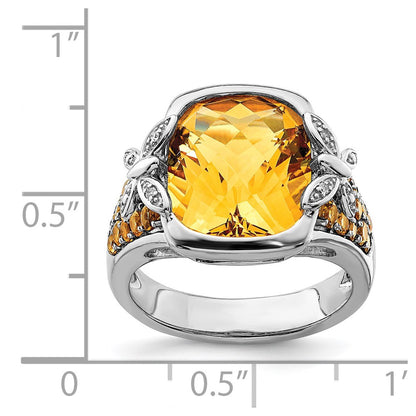 Sterling Silver Rhodium Diamond And Citrine Ring
