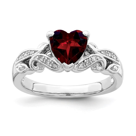 Sterling Silver Rhodium Plated Diamond And Garnet Ring