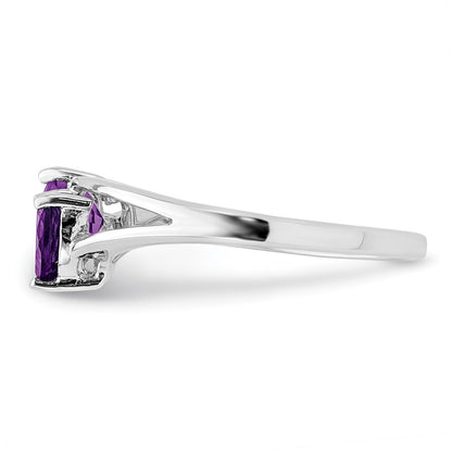 Sterling Silver Rhodium Plated Diamond And Amethyst Heart Ring