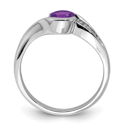 Sterling Silver Rhodium Plated Diamond And Amethyst Round Ring