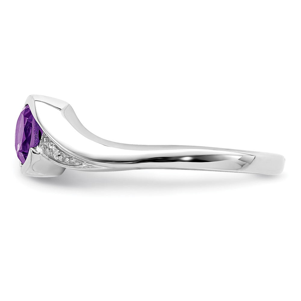 Sterling Silver Rhodium Plated Diamond And Amethyst Round Ring