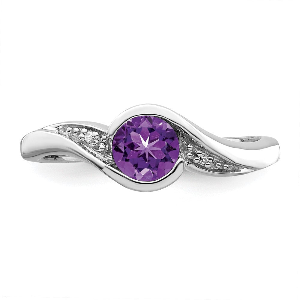 Sterling Silver Rhodium Plated Diamond And Amethyst Round Ring