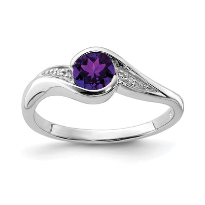 Sterling Silver Rhodium Plated Diamond And Amethyst Round Ring