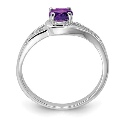 Sterling Silver Rhodium Plated Diamond And Amethyst Round Ring