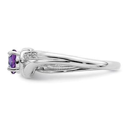 Sterling Silver Rhodium Plated Diamond And Amethyst Round Ring