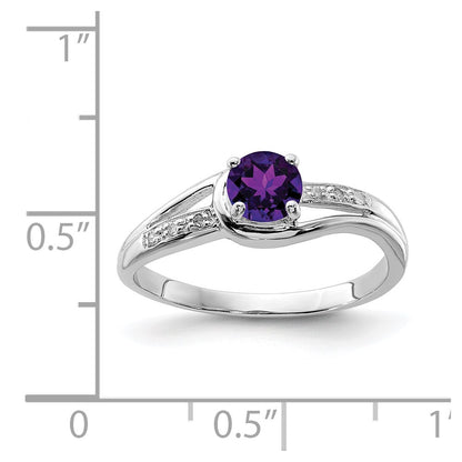 Sterling Silver Rhodium Plated Diamond And Amethyst Round Ring
