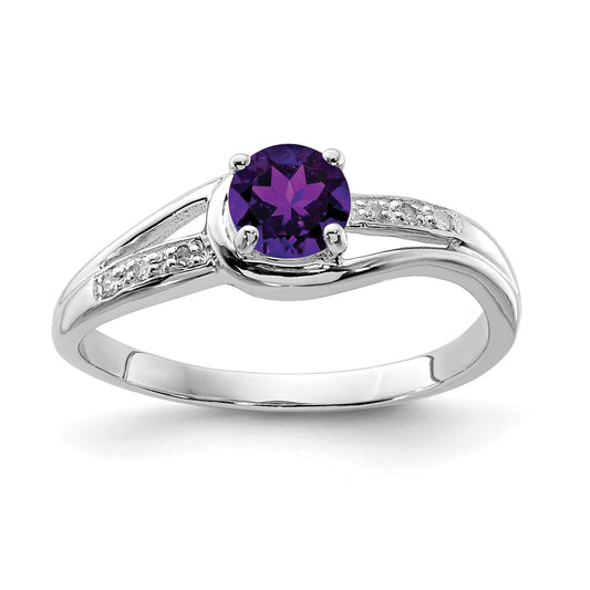 Sterling Silver Rhodium Plated Diamond And Amethyst Round Ring