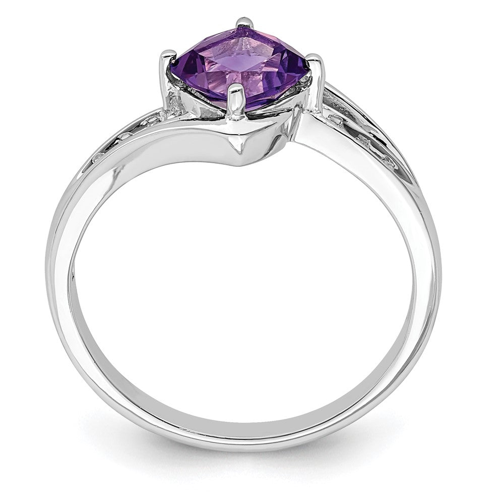 Sterling Silver Rhodium Plated Diamond And Amethyst Square Ring