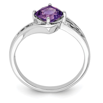 Sterling Silver Rhodium Plated Diamond And Amethyst Square Ring