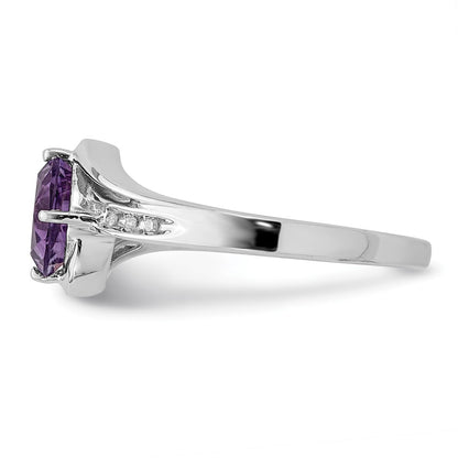 Sterling Silver Rhodium Plated Diamond And Amethyst Square Ring