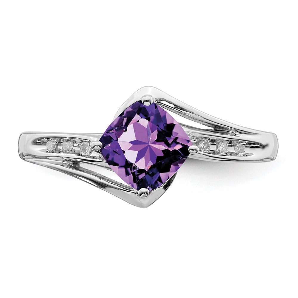 Sterling Silver Rhodium Plated Diamond And Amethyst Square Ring