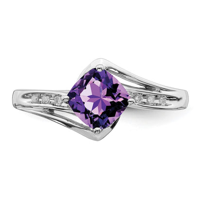 Sterling Silver Rhodium Plated Diamond And Amethyst Square Ring