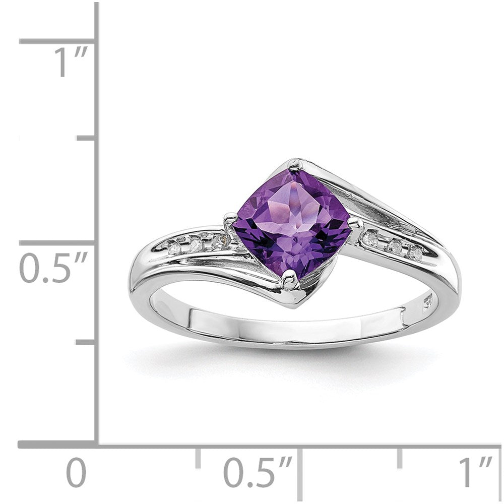 Sterling Silver Rhodium Plated Diamond And Amethyst Square Ring