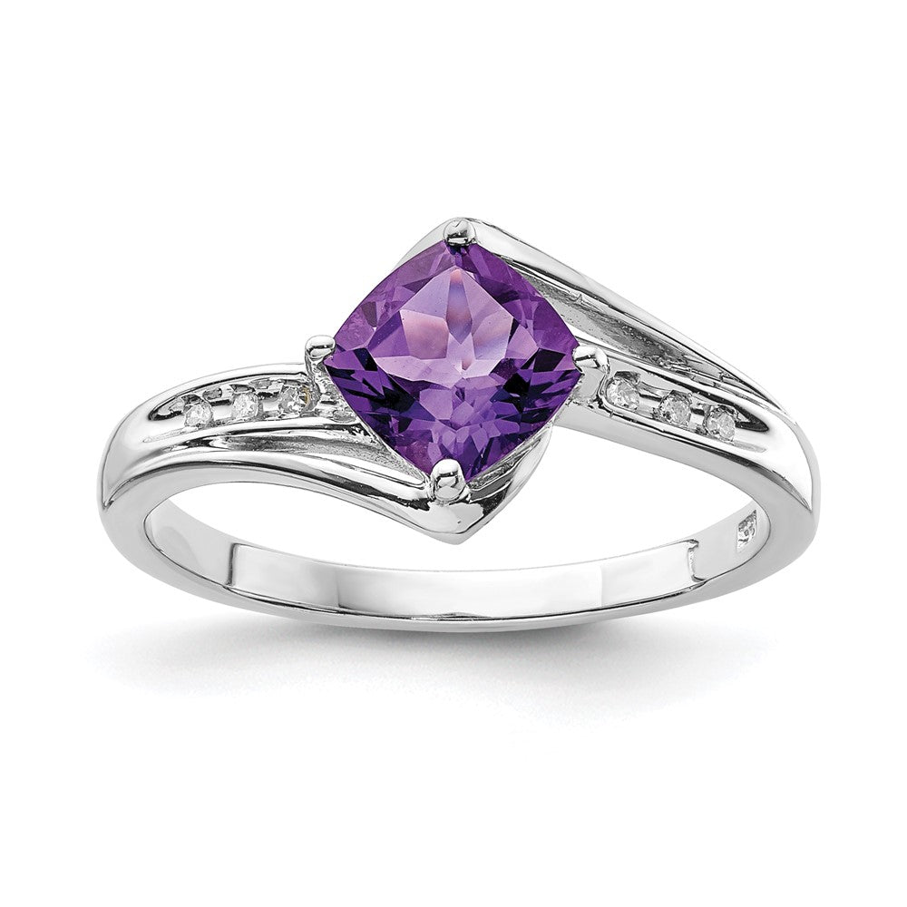 Sterling Silver Rhodium Plated Diamond And Amethyst Square Ring