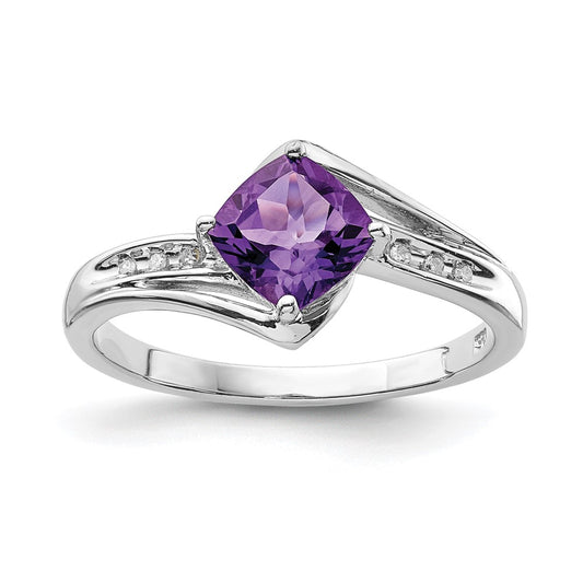 Sterling Silver Rhodium Plated Diamond And Amethyst Square Ring