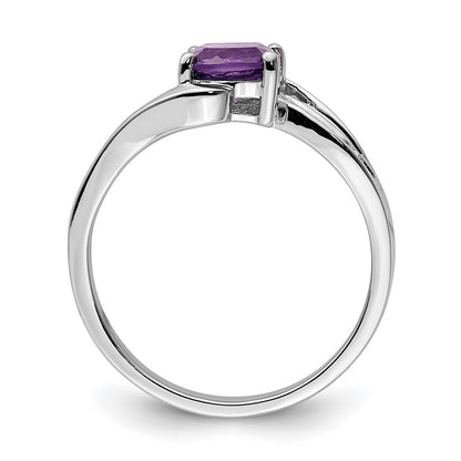 Sterling Silver Rhodium Plated Diamond And Amethyst Square Ring