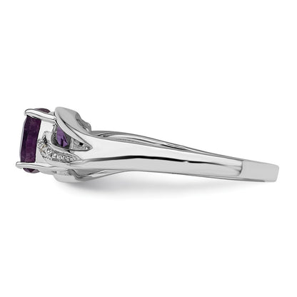 Sterling Silver Rhodium Plated Diamond And Amethyst Square Ring