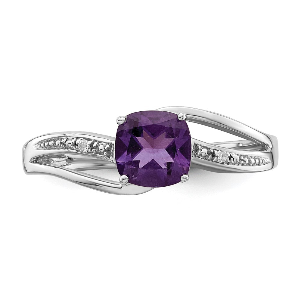 Sterling Silver Rhodium Plated Diamond And Amethyst Square Ring