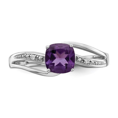 Sterling Silver Rhodium Plated Diamond And Amethyst Square Ring