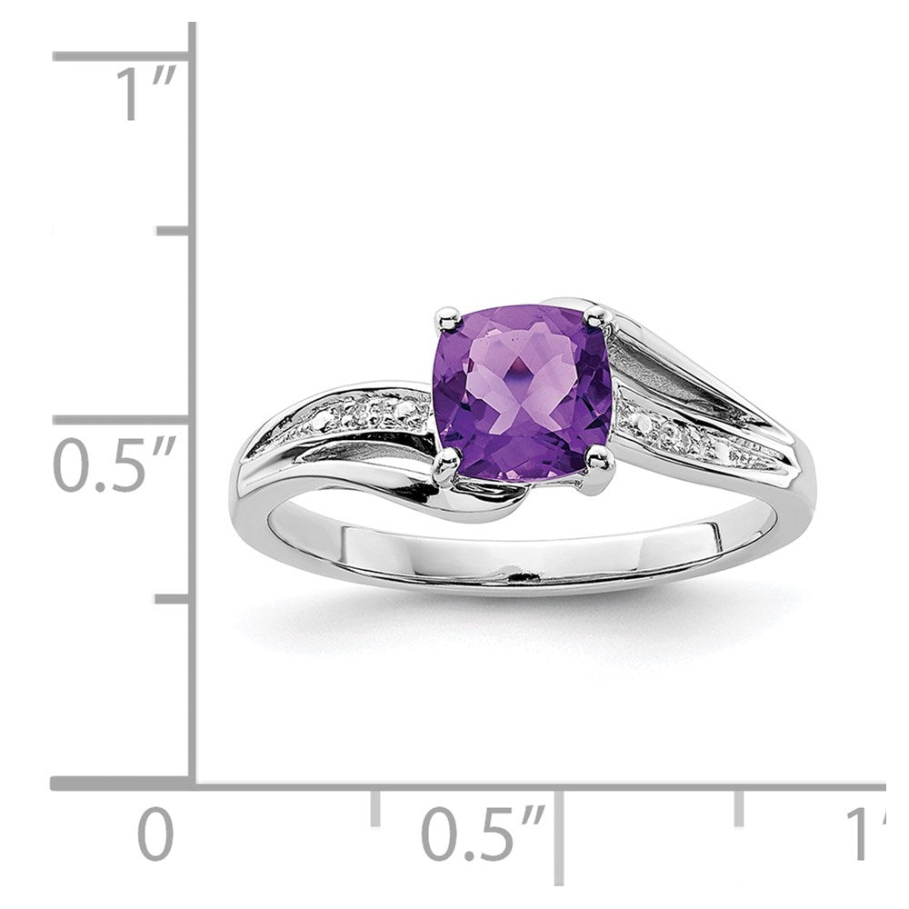 Sterling Silver Rhodium Plated Diamond And Amethyst Square Ring