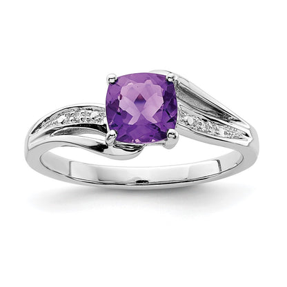Sterling Silver Rhodium Plated Diamond And Amethyst Square Ring