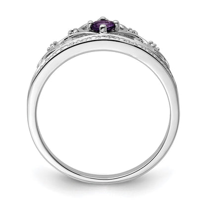 Sterling Silver Rhodium Plated Diamond And Amethyst Ring