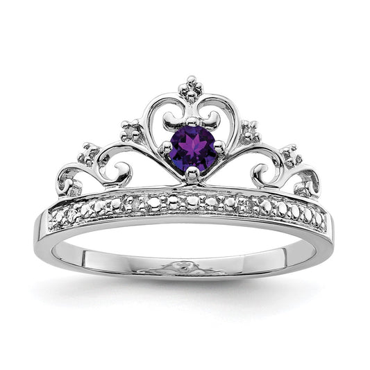 Sterling Silver Rhodium Plated Diamond And Amethyst Ring