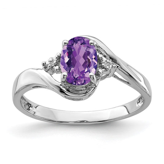 Sterling Silver Rhodium Plated Diamond And Amethyst Oval Ring