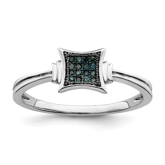 Sterling Silver White Night Rhodium Plated Blue Diamonds Square Ring (Size 7 Only)