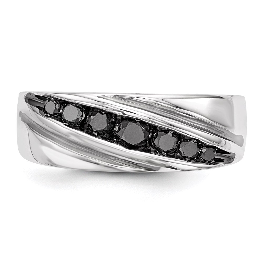 Sterling Silver White Night Rhodium Plated Black Diamond Men'S Band Ring