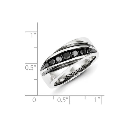 Sterling Silver White Night Rhodium Plated Black Diamond Men'S Band Ring