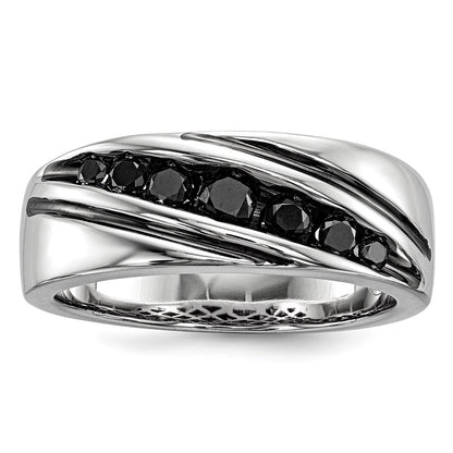 Sterling Silver White Night Rhodium Plated Black Diamond Men'S Band Ring