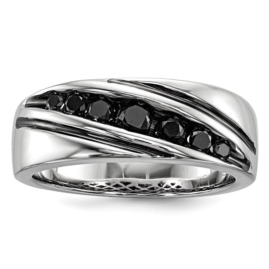 Sterling Silver White Night Rhodium Plated Black Diamond Men'S Band Ring