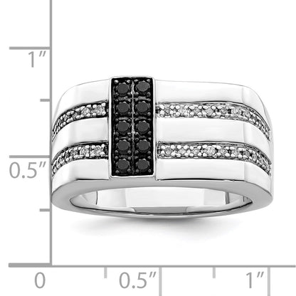 Sterling Silver White Night Rhodium Plated Black And Diamond Men'S Ring