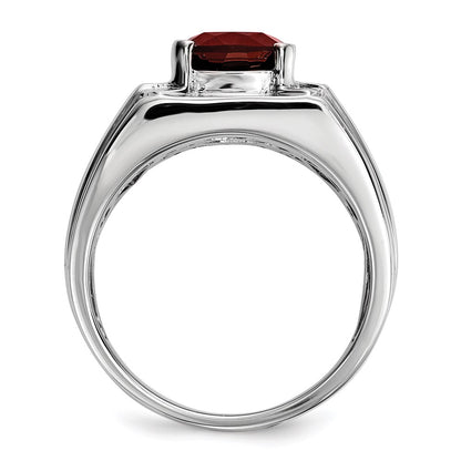 Sterling Silver White Night Rhodium Plated Garnet And Diamond Square Men'S Ring