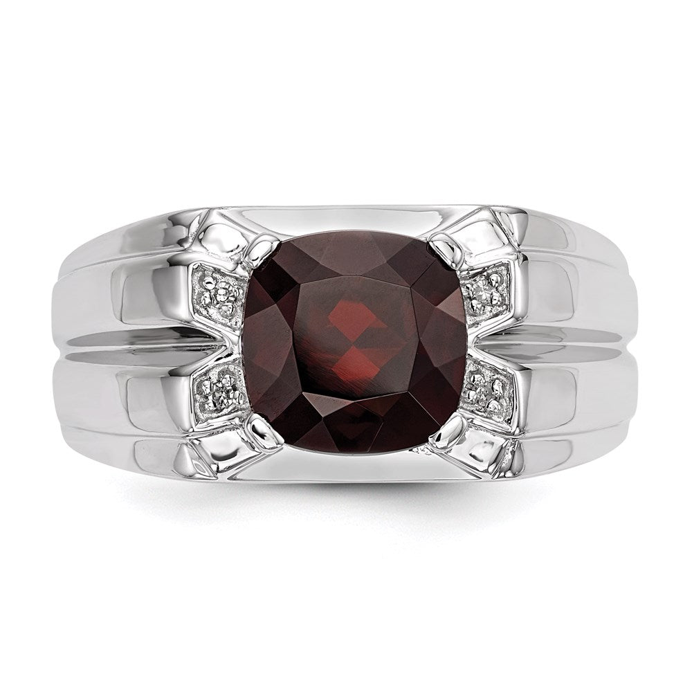 Sterling Silver White Night Rhodium Plated Garnet And Diamond Square Men'S Ring