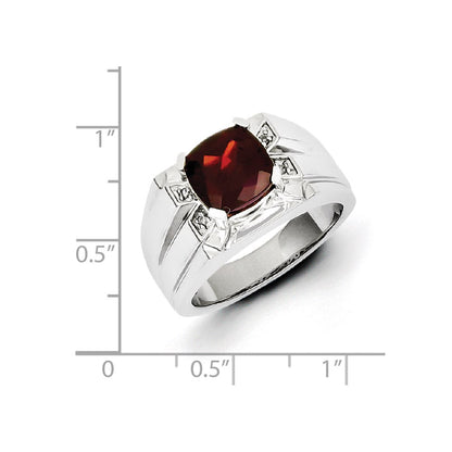 Sterling Silver White Night Rhodium Plated Garnet And Diamond Square Men'S Ring