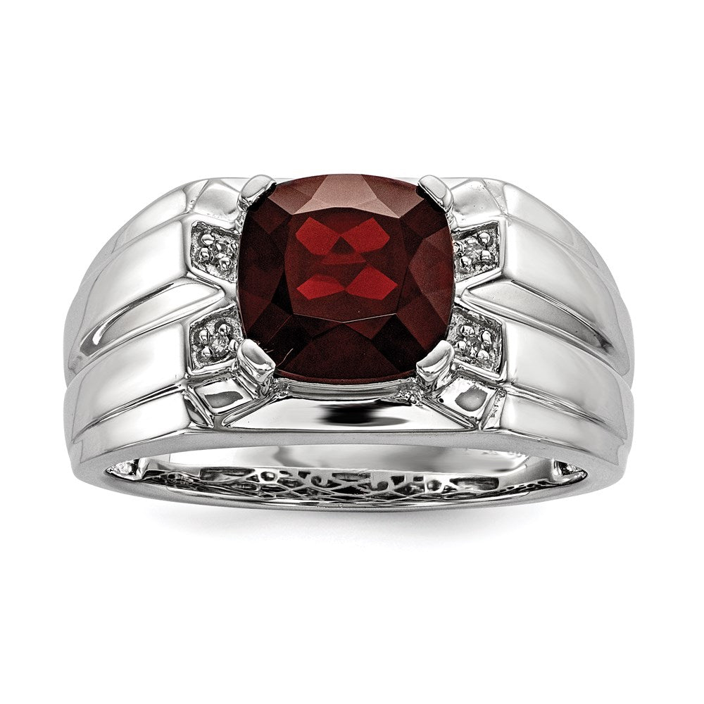 Sterling Silver White Night Rhodium Plated Garnet And Diamond Square Men'S Ring