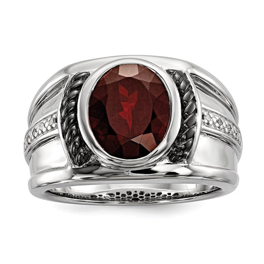 Sterling Silver White Night Black Rhodium Plated Garnet And Diamond Oval Men'S Ring