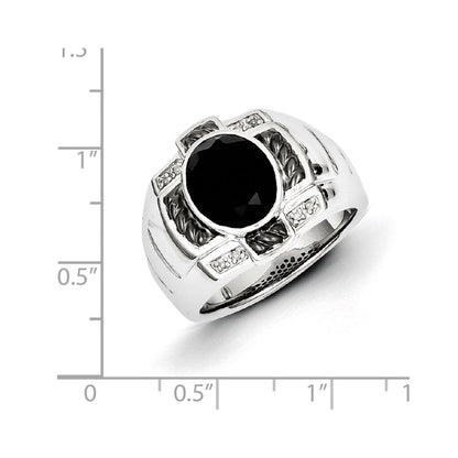 Sterling Silver White Night Black Rhodium Plated Diamond And Onyx Oval Men'S Ring