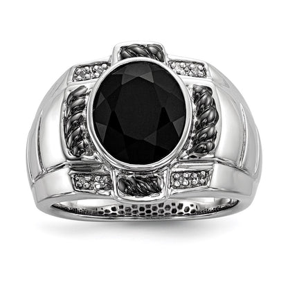 Sterling Silver White Night Black Rhodium Plated Diamond And Onyx Oval Men'S Ring