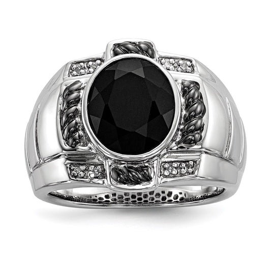 Sterling Silver White Night Black Rhodium Plated Diamond And Onyx Oval Men'S Ring