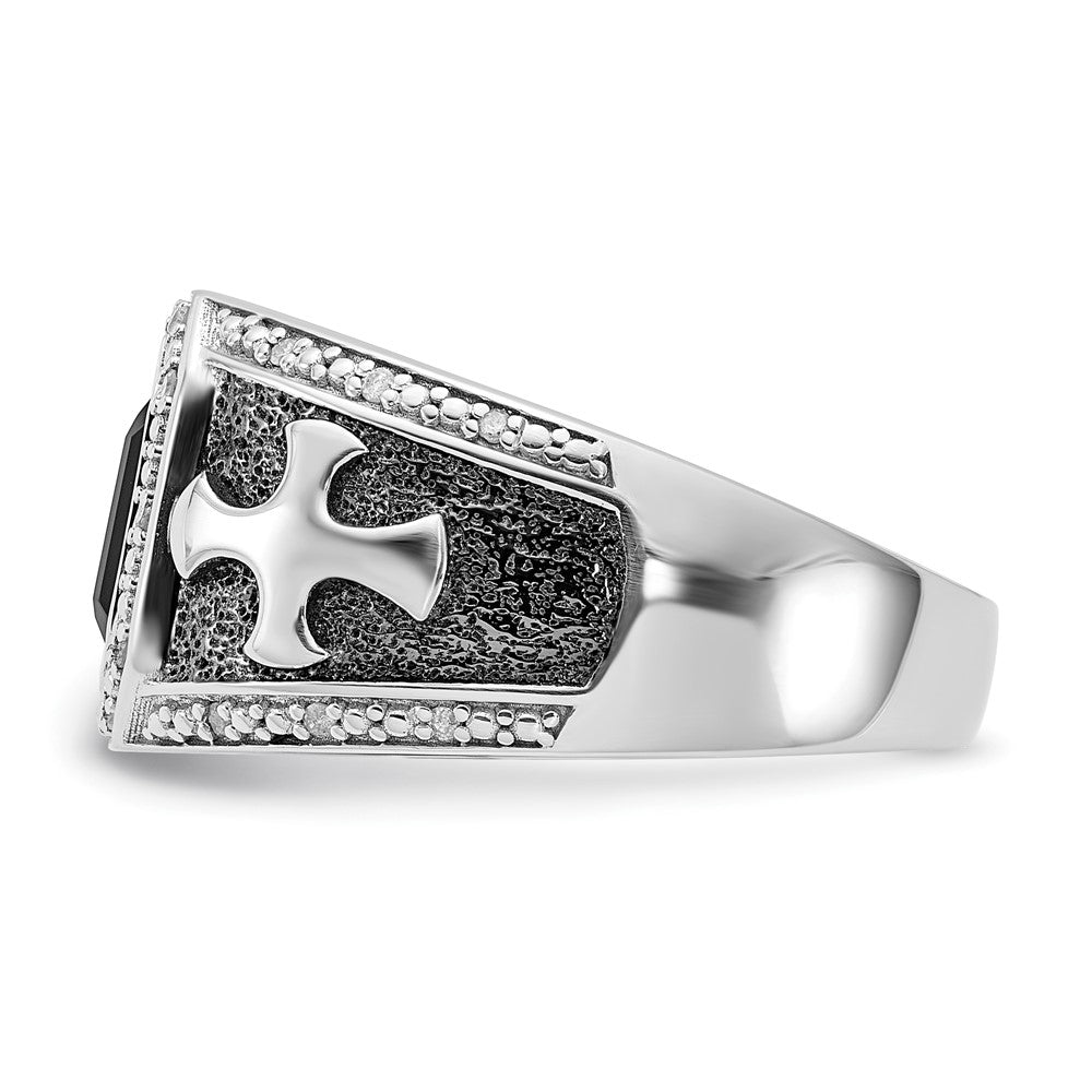Sterling Silver White Night Black Rhodium Plated Diamond And Onyx Cross Men'S Ring
